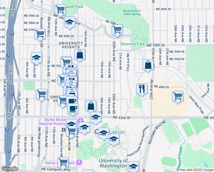 map of restaurants, bars, coffee shops, grocery stores, and more near 4730 19th Avenue Northeast in Seattle