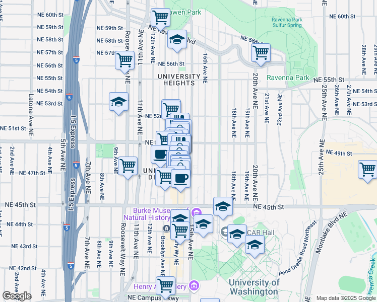 map of restaurants, bars, coffee shops, grocery stores, and more near 4730 15th Avenue Northeast in Seattle