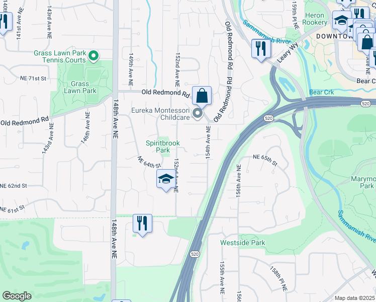 map of restaurants, bars, coffee shops, grocery stores, and more near 6414 152nd Avenue Northeast in Redmond
