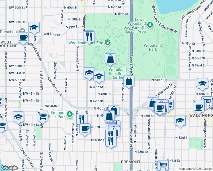 map of restaurants, bars, coffee shops, grocery stores, and more near 608 North 49th Street in Seattle