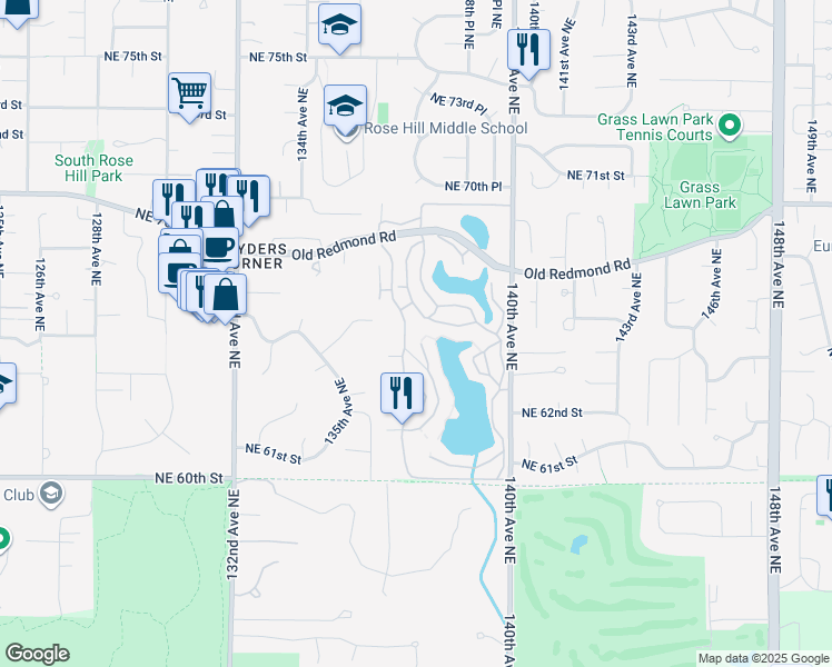 map of restaurants, bars, coffee shops, grocery stores, and more near 13859 Northeast 65th Street in Redmond