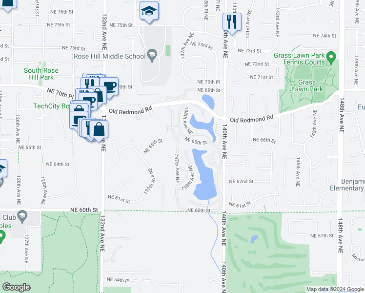 map of restaurants, bars, coffee shops, grocery stores, and more near 6347 137th Avenue Northeast in Redmond