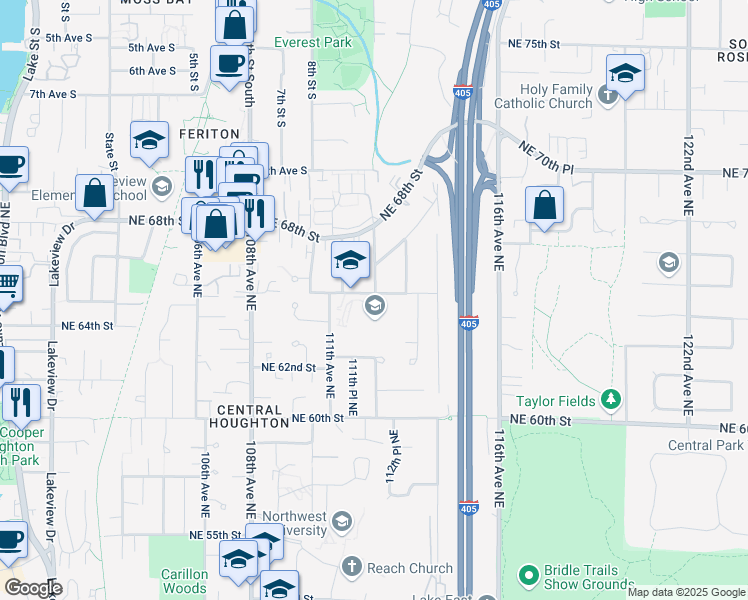 map of restaurants, bars, coffee shops, grocery stores, and more near 11133 Northeast 65th Street in Kirkland