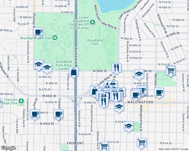 map of restaurants, bars, coffee shops, grocery stores, and more near 1103 North 49th Street in Seattle