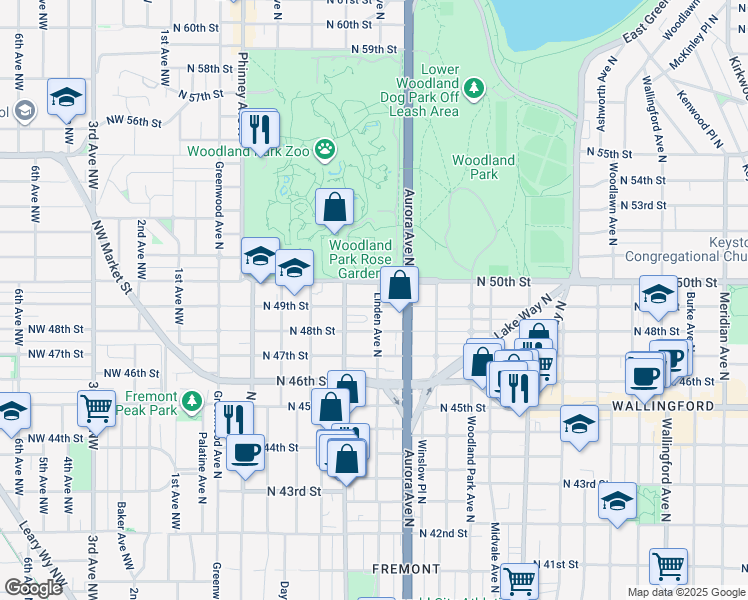 map of restaurants, bars, coffee shops, grocery stores, and more near 4903 Linden Avenue North in Seattle