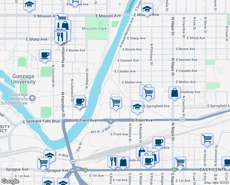map of restaurants, bars, coffee shops, grocery stores, and more near 728 North Iron bridge Way in Spokane