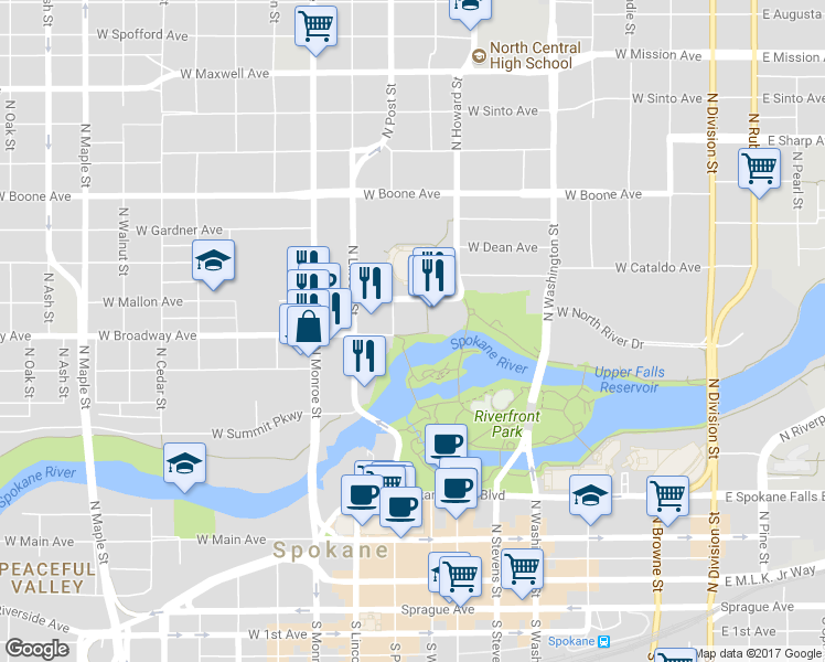 map of restaurants, bars, coffee shops, grocery stores, and more near 820 North Post Street in Spokane