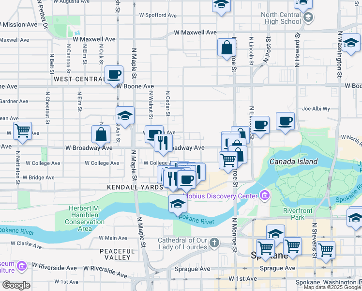 map of restaurants, bars, coffee shops, grocery stores, and more near 1321 West Broadway Avenue in Spokane