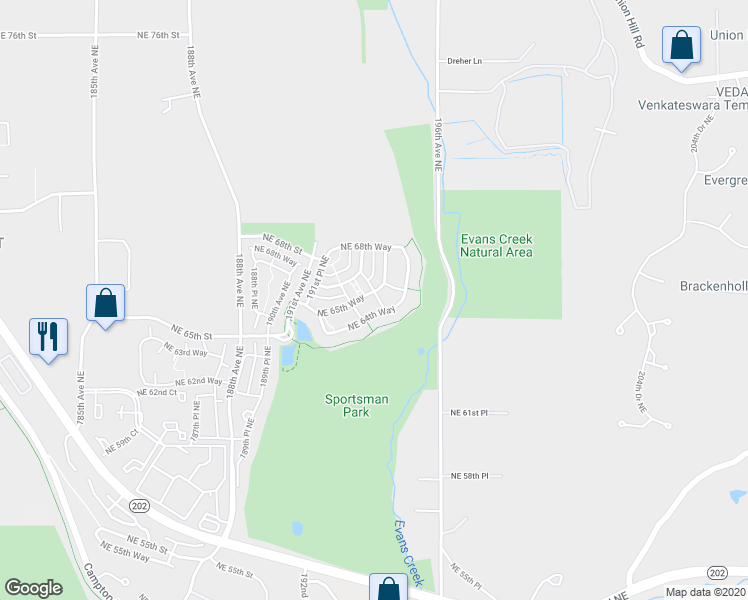 map of restaurants, bars, coffee shops, grocery stores, and more near 19223 Northeast 64th Way in Redmond