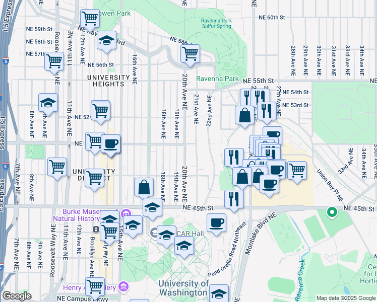 map of restaurants, bars, coffee shops, grocery stores, and more near 4742 20th Avenue Northeast in Seattle