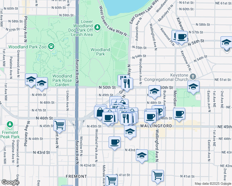 map of restaurants, bars, coffee shops, grocery stores, and more near 1311 North 49th Street in Seattle