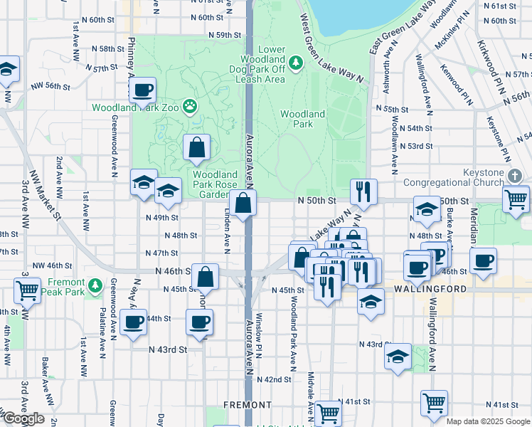 map of restaurants, bars, coffee shops, grocery stores, and more near 1001 North 49th Street in Seattle