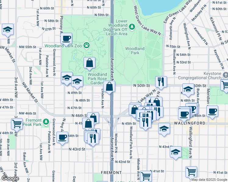 map of restaurants, bars, coffee shops, grocery stores, and more near 819 North 49th Street in Seattle