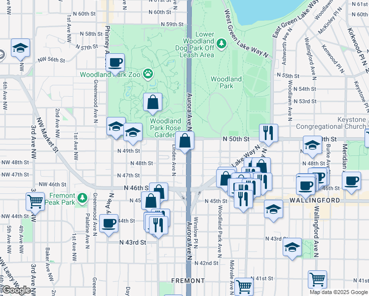 map of restaurants, bars, coffee shops, grocery stores, and more near 819 North 49th Street in Seattle
