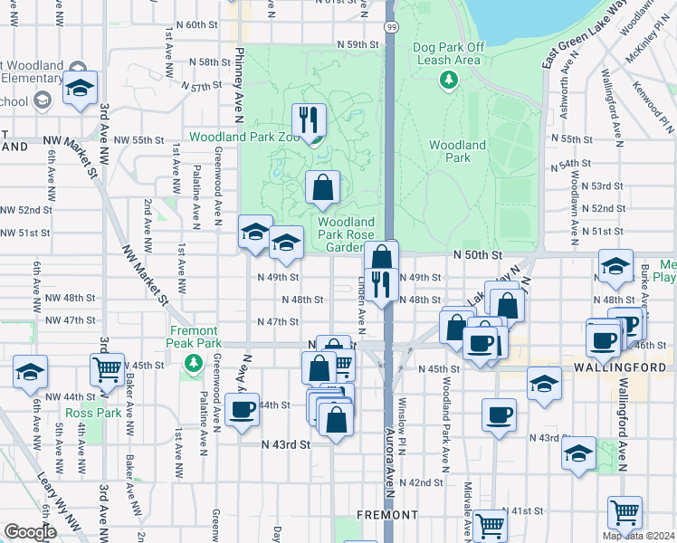 map of restaurants, bars, coffee shops, grocery stores, and more near 4800 Fremont Avenue North in Seattle