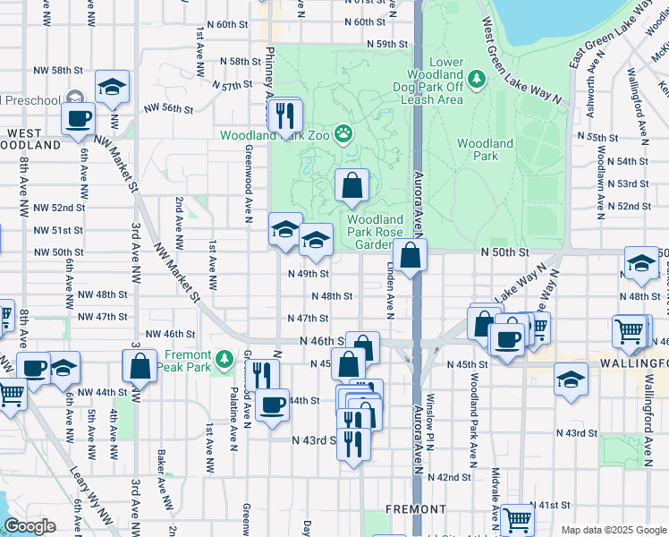 map of restaurants, bars, coffee shops, grocery stores, and more near in Seattle