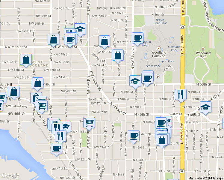 map of restaurants, bars, coffee shops, grocery stores, and more near 121 Northwest 49th Street in Seattle