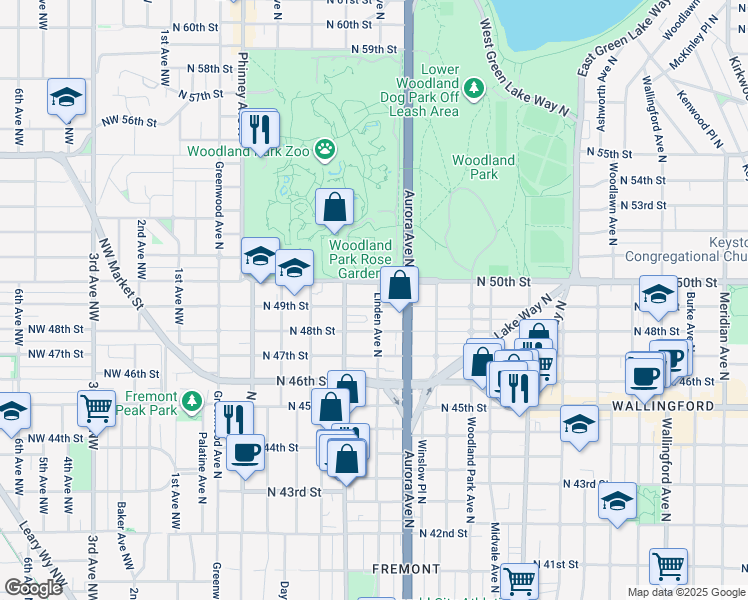 map of restaurants, bars, coffee shops, grocery stores, and more near 4903 Linden Avenue North in Seattle