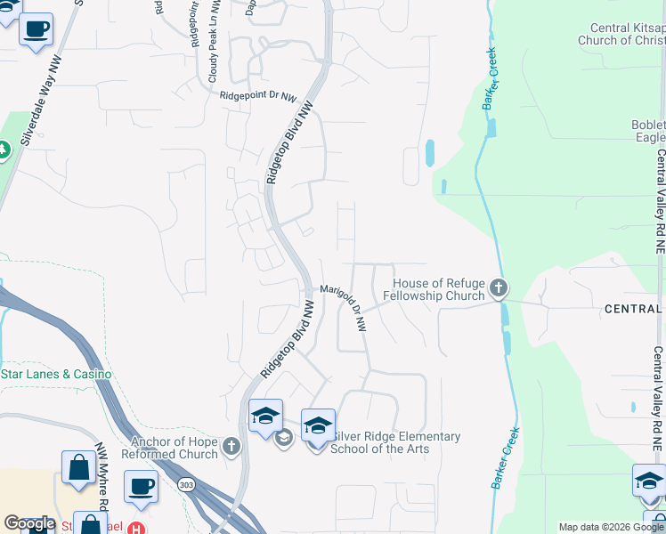 map of restaurants, bars, coffee shops, grocery stores, and more near 11002 Marigold Drive Northwest in Silverdale