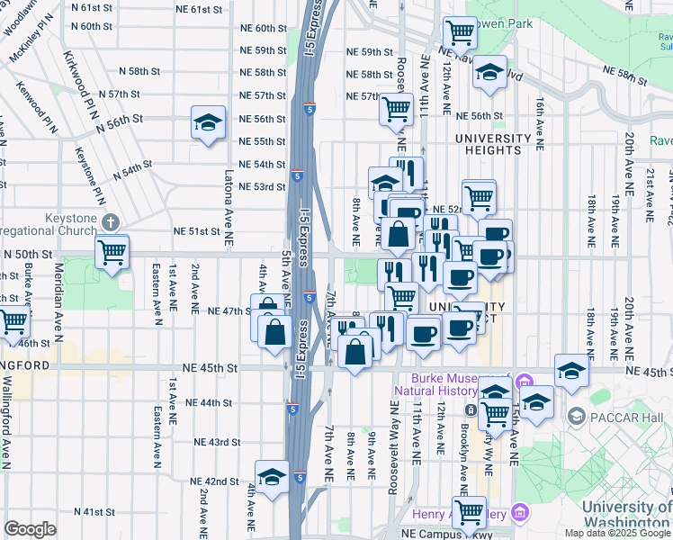 map of restaurants, bars, coffee shops, grocery stores, and more near 4746 7th Avenue Northeast in Seattle