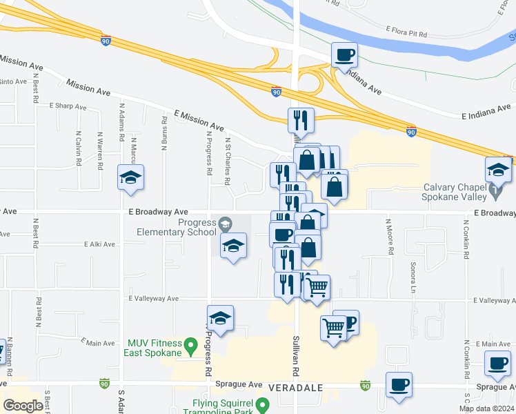 map of restaurants, bars, coffee shops, grocery stores, and more near 15305 East Broadway Avenue in Spokane Valley