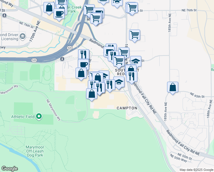 map of restaurants, bars, coffee shops, grocery stores, and more near 17790 Northeast 65th Street in Redmond