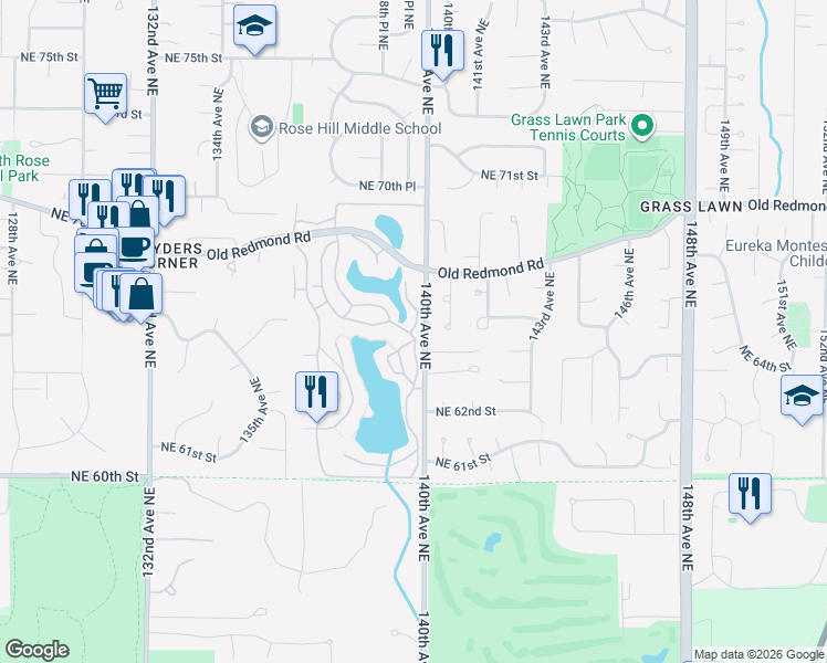 map of restaurants, bars, coffee shops, grocery stores, and more near 6702 139th Avenue Northeast in Redmond