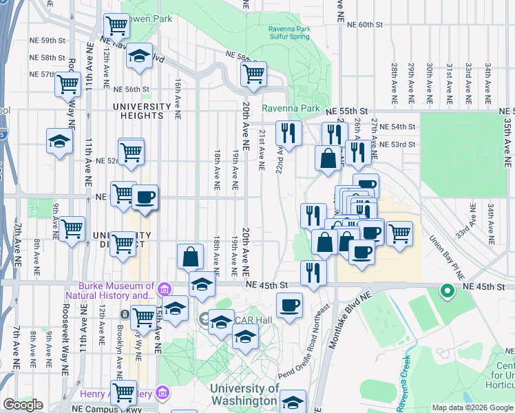 map of restaurants, bars, coffee shops, grocery stores, and more near 4742 20th Avenue Northeast in Seattle