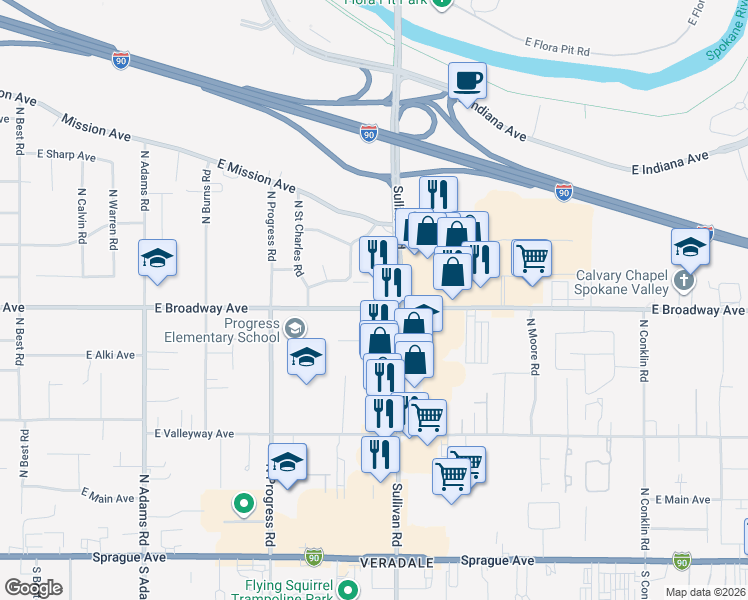 map of restaurants, bars, coffee shops, grocery stores, and more near 15407 East Broadway Avenue in Spokane Valley