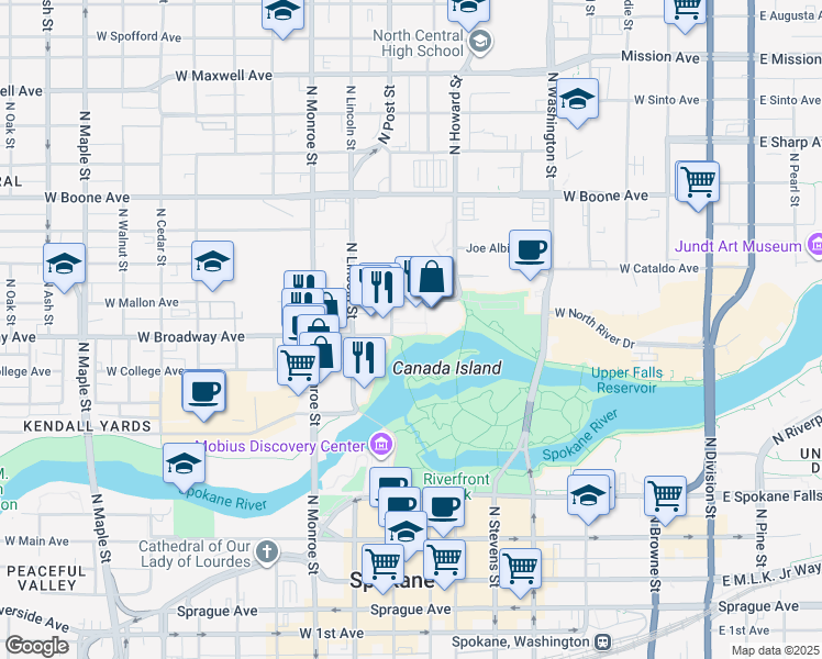map of restaurants, bars, coffee shops, grocery stores, and more near 820 North Post Street in Spokane