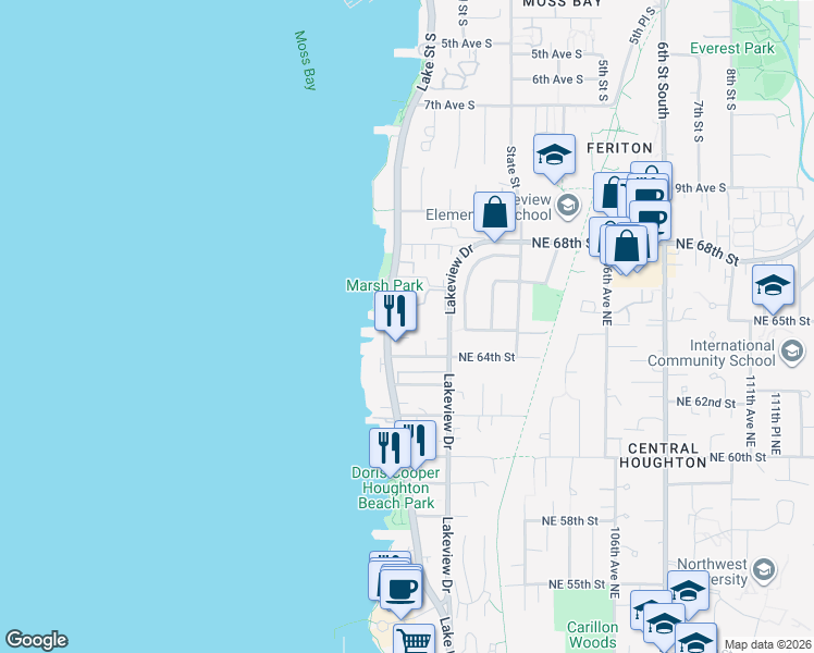 map of restaurants, bars, coffee shops, grocery stores, and more near 6424 Lake Washington Boulevard Northeast in Kirkland