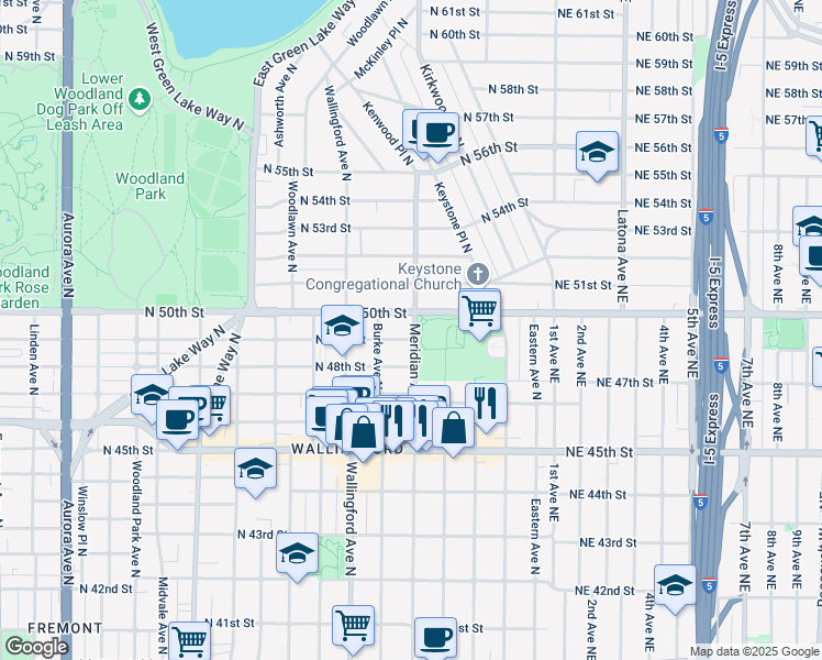 map of restaurants, bars, coffee shops, grocery stores, and more near 4919 Meridian Avenue North in Seattle