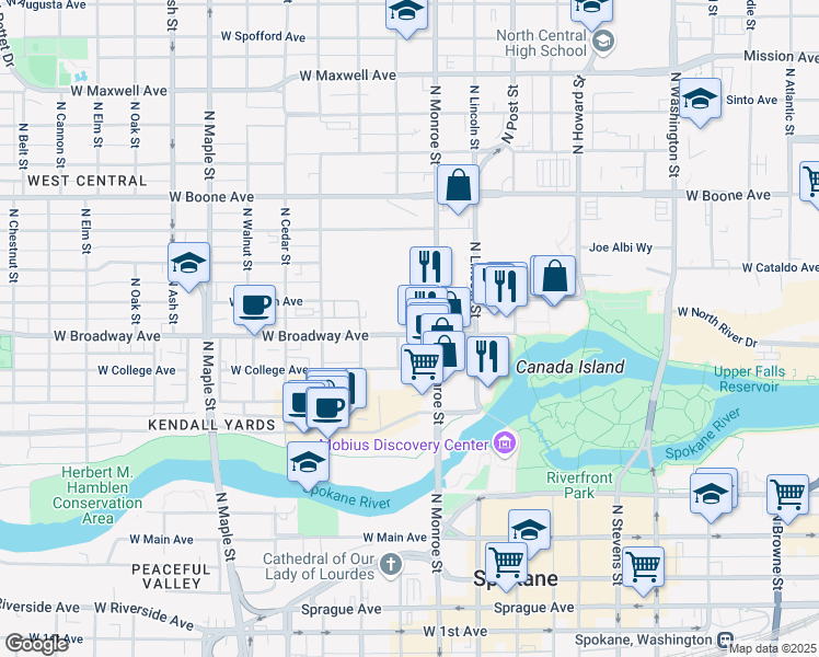 map of restaurants, bars, coffee shops, grocery stores, and more near 1116 West Broadway Avenue in Spokane