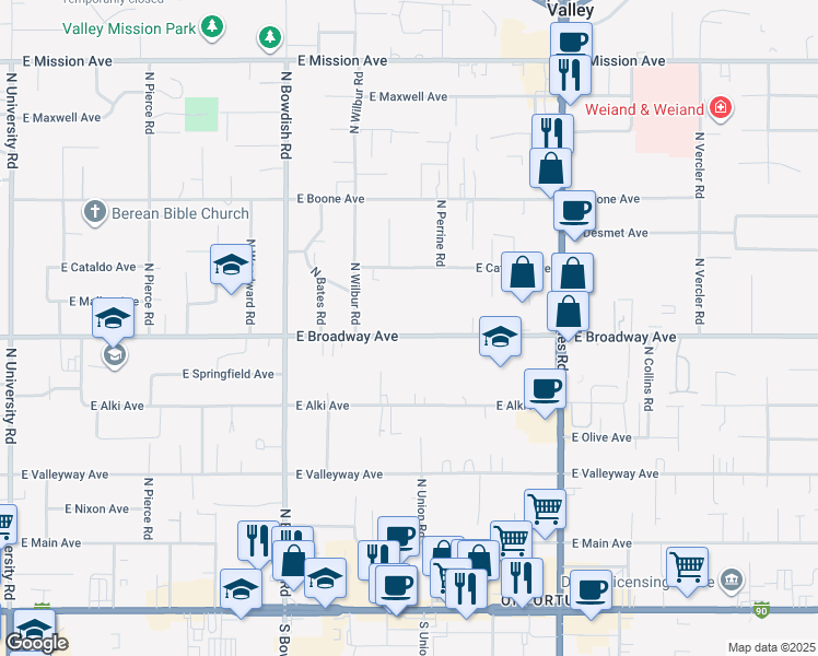 map of restaurants, bars, coffee shops, grocery stores, and more near 11813 East Broadway Avenue in Spokane Valley