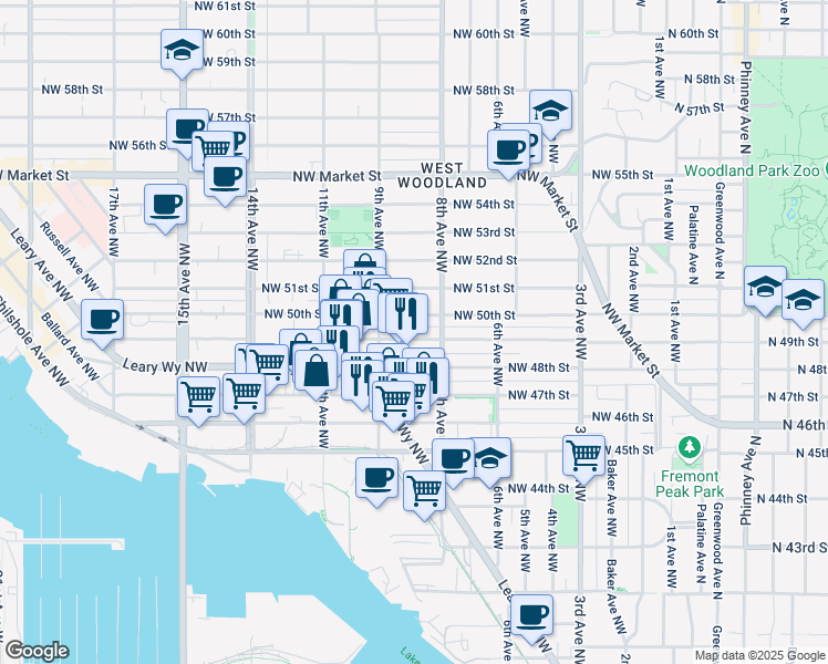 map of restaurants, bars, coffee shops, grocery stores, and more near 822 Northwest 49th Street in Seattle