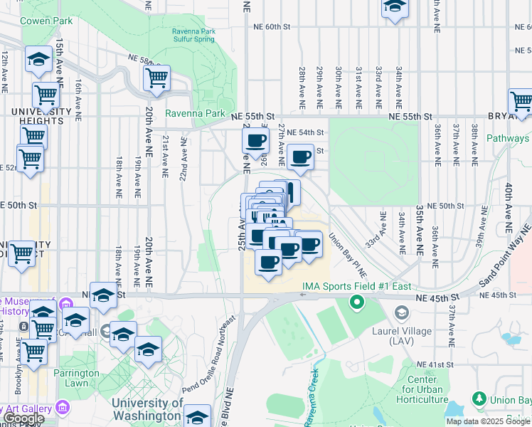 map of restaurants, bars, coffee shops, grocery stores, and more near 4900 25th Avenue Northeast in Seattle