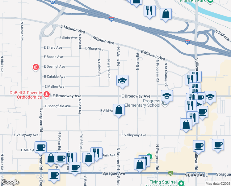 map of restaurants, bars, coffee shops, grocery stores, and more near 14604 East Broadway Avenue in Spokane Valley