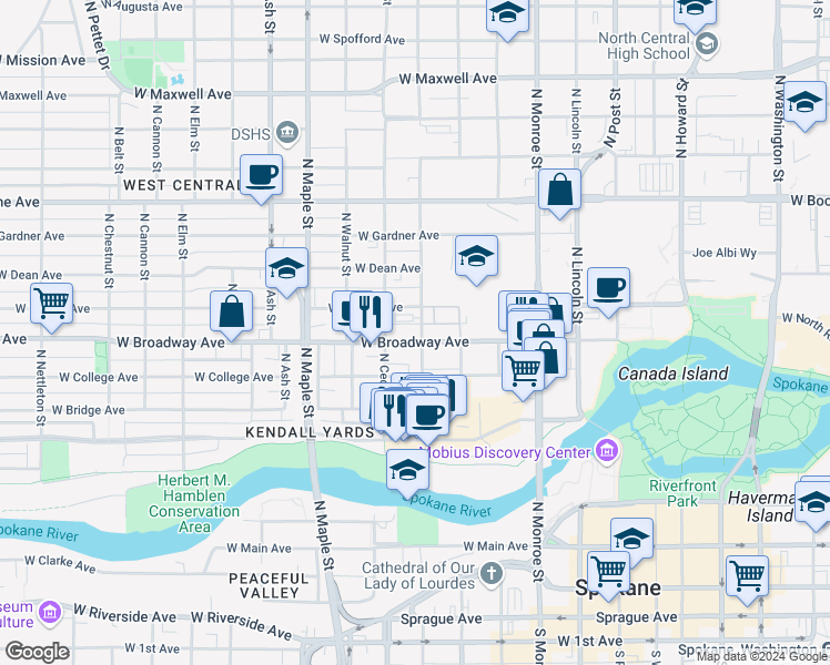 map of restaurants, bars, coffee shops, grocery stores, and more near 1321 West Broadway Avenue in Spokane