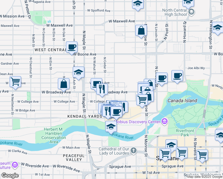 map of restaurants, bars, coffee shops, grocery stores, and more near 1321 West Broadway Avenue in Spokane