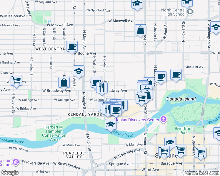 map of restaurants, bars, coffee shops, grocery stores, and more near 1321 West Broadway Avenue in Spokane