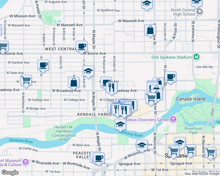 map of restaurants, bars, coffee shops, grocery stores, and more near in Spokane