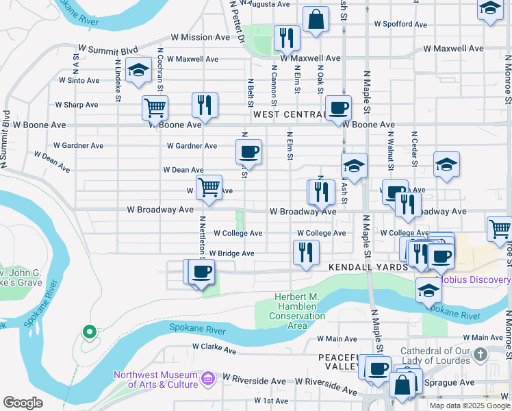 map of restaurants, bars, coffee shops, grocery stores, and more near in Spokane