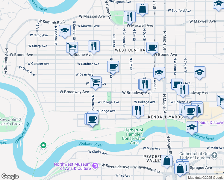map of restaurants, bars, coffee shops, grocery stores, and more near in Spokane