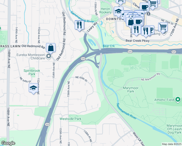 map of restaurants, bars, coffee shops, grocery stores, and more near 6534 159th Avenue Northeast in Redmond