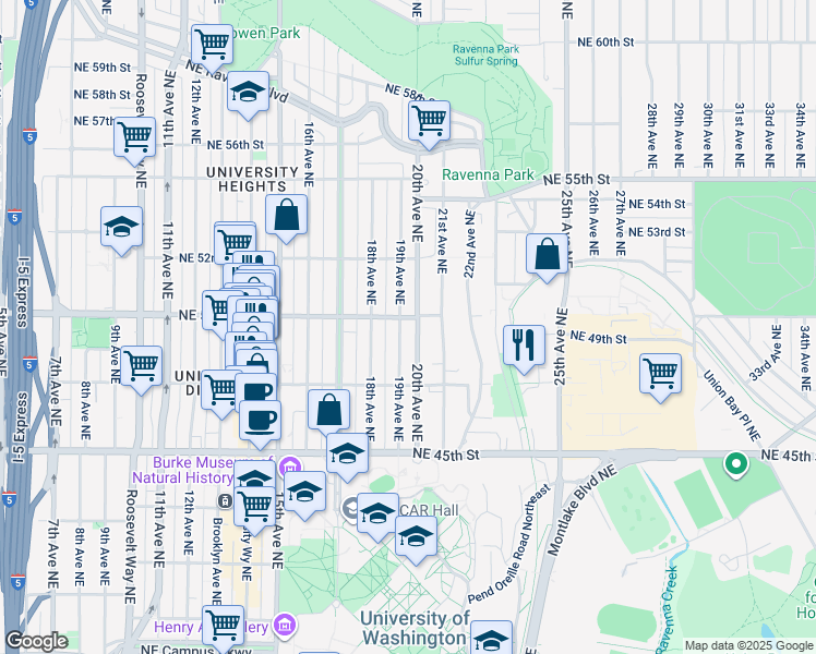 map of restaurants, bars, coffee shops, grocery stores, and more near 4730 19th Avenue Northeast in Seattle
