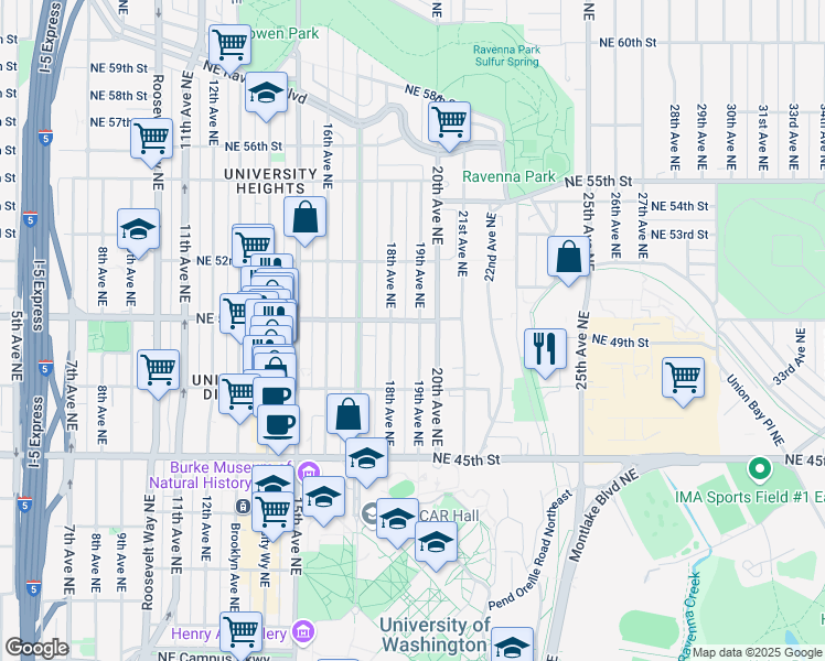 map of restaurants, bars, coffee shops, grocery stores, and more near 4730 19th Avenue Northeast in Seattle