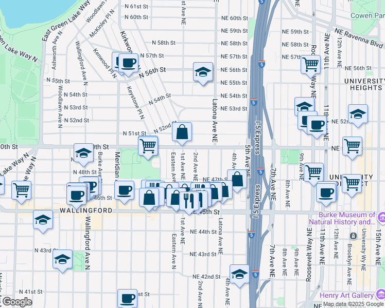 map of restaurants, bars, coffee shops, grocery stores, and more near 4646 1st Avenue Northeast in Seattle