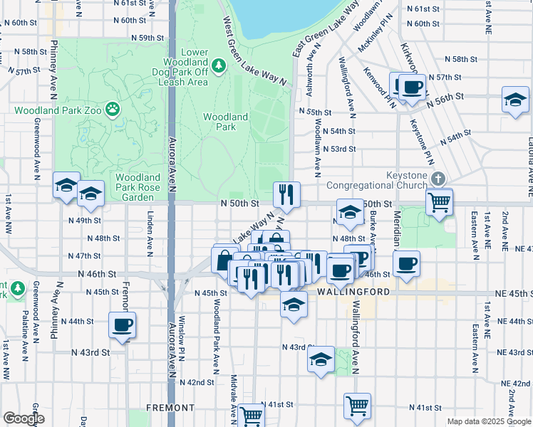 map of restaurants, bars, coffee shops, grocery stores, and more near 1311 North 49th Street in Seattle