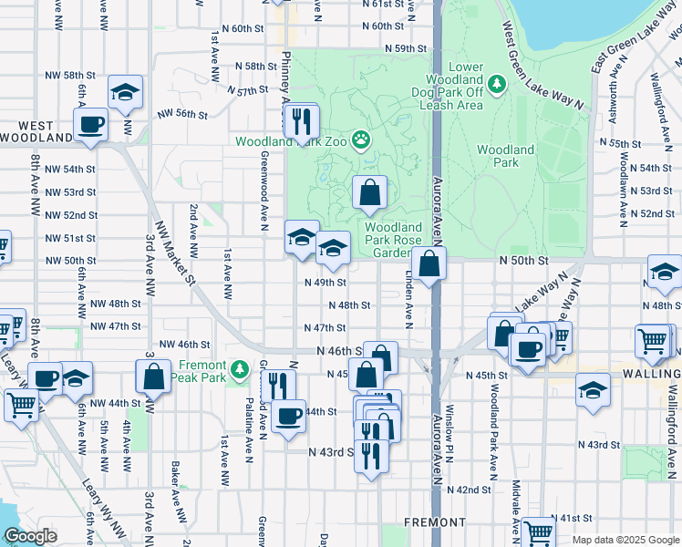map of restaurants, bars, coffee shops, grocery stores, and more near in Seattle