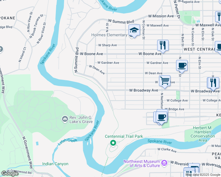 map of restaurants, bars, coffee shops, grocery stores, and more near 2820 West Broadway Avenue in Spokane